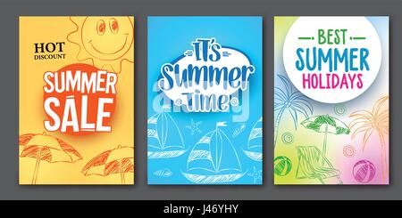 Summer sale and summer time vector web poster designs set with colorful backgrounds and drawing elements. Vector illustration. Stock Vector