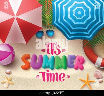 Summer time vector colorful text in the sand with beach umbrellas, objects and elements under palm leaves. Vector illustration. Stock Vector