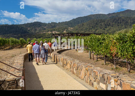 people, tourists, vineyard tour, wine tour, winery tour, Robert Mondavi Winery, Oakville, Napa Valley, Napa County, California Stock Photo