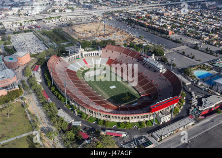 Los Angeles, California, USA - April 12, 2017:  Aerial view of the historic Coliseum stadium near downtown and USC. Stock Photo