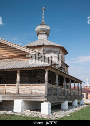 The oldest wooden Trinity church built in 1551 on Sviyazhsk Island at the confluence of the Volga and Sviyaga rivers. Stock Photo