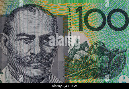 Extreme closuep of Sir John Monash portrait printed on Australia one hundred dollars banknote Stock Photo