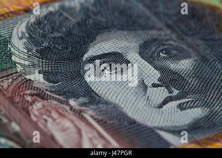 Extreme closeup of Dame Nellie Melba printed on Australian one hundred dollar bill Stock Photo