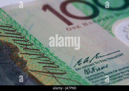 Extreme closeup of part of Australian one hundred dollar bill. Shallow depth of field Stock Photo
