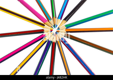 Circle lined with colored pencils like sun rays, isolated on white background Stock Photo