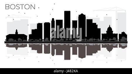 Boston City skyline black and white silhouette with reflections. Vector illustration. Simple flat concept for tourism presentation, banner, placard Stock Vector