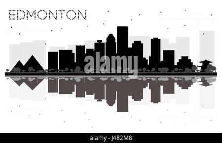 Edmonton City skyline black and white silhouette with reflections. Vector illustration. Simple flat concept for tourism presentation, banner, placard Stock Vector