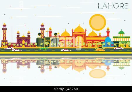 Lahore Skyline with Color Landmarks, Blue Sky and Reflections. Vector Illustration. Business Travel and Tourism Concept with Historic Buildings. Stock Vector