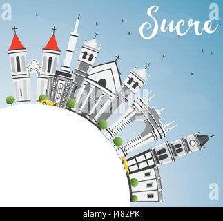 Sucre Skyline with Gray Buildings, Blue Sky and Copy Space. Vector Illustration. Business Travel and Tourism Concept with Historic Architecture. Stock Vector