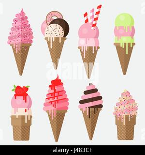 Strawberry ice cream cone collection. Vector flat illustration about strawberry ice cream. Cone, flake and scoops of strawberry ice cream. Strawberry Ice cream. Stock Vector