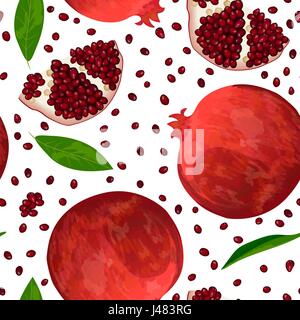 Ripe red pomegranate, seeds and slices isolated on white. seamless pattern vector Stock Vector