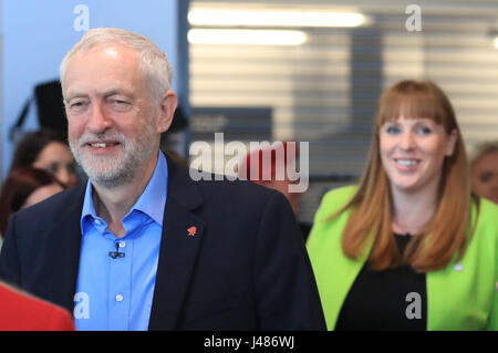 Labour leader Jeremy Corbyn and Angela Rayner, Labour's Shadow Education Secretary, arrive launch Labour's education plans during a visit to Leeds City College. Stock Photo