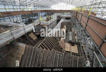 Work is undertaken at The Vyne, a National Trust property in Hampshire, which is undergoing a major restoration to it's roof. Visitors to the property can follow the progress of the &pound;5.4m roof conservation project by viewing it from a new rooftop walkway. Stock Photo