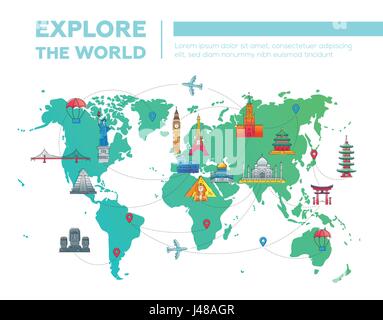 Explore the world - map with famous landmarks Stock Vector