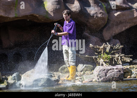 A male zookeeper is cleaning with a high pressure spray Stock Photo