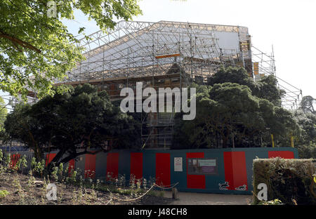 Work is undertaken at The Vyne, a National Trust property in Hampshire, which is undergoing a major restoration to it's roof. Visitors to the property can follow the progress of the &pound;5.4m roof conservation project by viewing it from a new rooftop walkway. Stock Photo