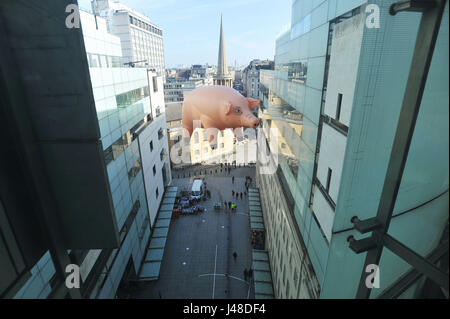 Algie the inflatable pig outside BBC Broadcasting House in London, to publicise the Pink Floyd Exhibition: Their Mortal Remains, which runs from May 13 to October 1 2017 at the V&amp;A in London. Stock Photo