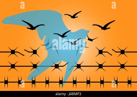 barbed wire where in the knots can recognized silhouettes of birds and fly to freedom Stock Vector