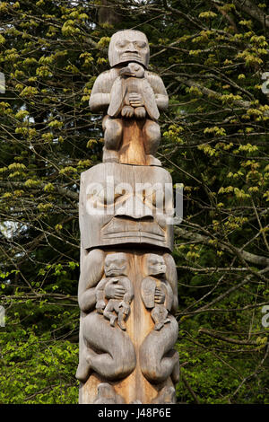 Beaver Crest totem pole at Brockton Point in Stanley Park in Vancouver, Canada. Nine totem poles stand in the park and are British Columbia's most pop Stock Photo