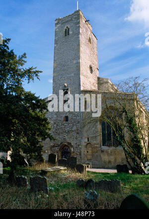 St Mary's, Deerhurst, showing the Anglo-Saxon west tower (upper parts Medieval) which began as a porch attached to a simple C8th monastic church. Stock Photo