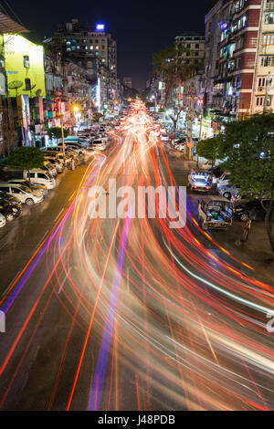 Light trails on the Anawrahta Road in Yangon (Rangoon), Myanmar (Burma) at night. Stock Photo