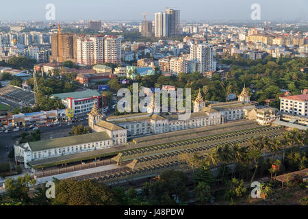Central Railway Station and the city of Yangon (Rangoon), Myanmar (Burma), viewed from above in the daytime. Stock Photo