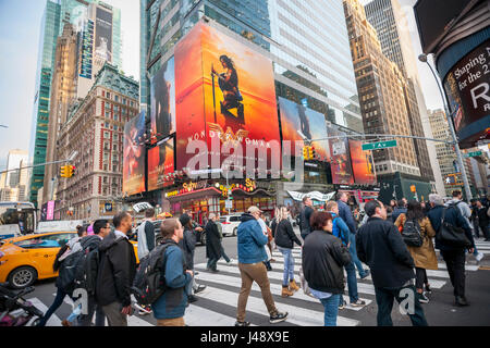 Advertising for the Warner Bros'  'Wonder Woman' film is seen in Times Square in New York on Tuesday, May 10, 2017. The film stars Gal Gadot as the titular character and is scheduled for released in the U.S. June 2, 2017. (© Richard B. Levine) Stock Photo