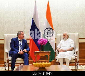 New Delhi, India. 10th May, 2017. Indian Prime Minister Narendra Modi (R) meets Russian Deputy Prime Minister Dmitry Rogozin in New Delhi, India, May 10, 2017. Credit: Stringer/Xinhua/Alamy Live News Stock Photo