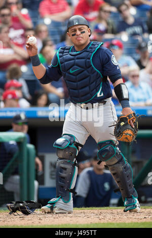 Philadelphia, Pennsylvania, USA. 10th May, 2017. Seattle Mariners catcher Carlos Ruiz (52) looks on with the ball during the MLB game between the Seattle Mariners and Philadelphia Phillies at Citizens Bank Park in Philadelphia, Pennsylvania. Credit: csm/Alamy Live News Stock Photo