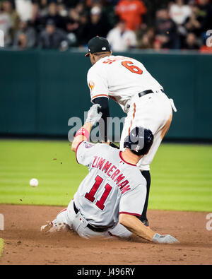 Baltimore, Maryland, USA. 09th May, 2017. Washington Nationals first baseman Ryan Zimmerman (11) doubles during MLB game between Washington Nationals and Baltimore Orioles at Oriole Park at Camden Yards in Baltimore, Maryland. Credit: csm/Alamy Live News Stock Photo