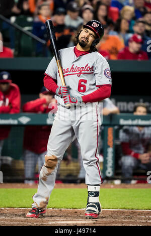 Baltimore, Maryland, USA. 09th May, 2017. Washington Nationals third baseman Anthony Rendon (6) at the plate during MLB game between Washington Nationals and Baltimore Orioles at Oriole Park at Camden Yards in Baltimore, Maryland. Credit: csm/Alamy Live News Stock Photo