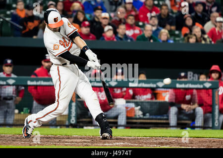 Baltimore, Maryland, USA. 09th May, 2017. Baltimore Orioles catcher Caleb Joseph (36) singles during MLB game between Washington Nationals and Baltimore Orioles at Oriole Park at Camden Yards in Baltimore, Maryland. Credit: csm/Alamy Live News Stock Photo