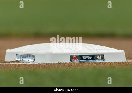 Milwaukee, WI, USA. 9th May, 2017. Third base displaying the two teams logo during the Major League Baseball game between the Milwaukee Brewers and the Boston Red Sox at Miller Park in Milwaukee, WI. John Fisher/CSM/Alamy Live News Stock Photo