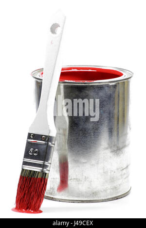 bucket with red color paint and brush isolated on white background Stock Photo