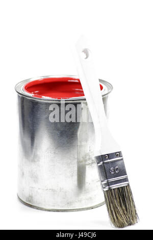 bucket with red color paint and brush isolated on white background Stock Photo