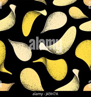 Vector seamless pattern hand drawing of delicious potato chips on a dark background Stock Vector
