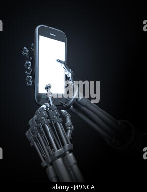 Robot holding a mobile phone - 3d illustration Stock Photo