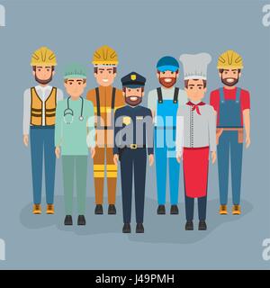 color background with group of men of different professions Stock Vector