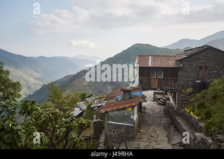 Remote accommodation in the valleys of the himalayan mountain range, Nepal. Stock Photo