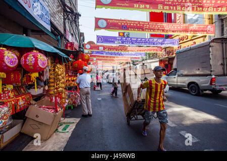 THAILAND BANGKOK - FEB 24  : side street shop in yaowarat bangkok china town preparing  goods for chinese new year decoration on february 24,2015 in b Stock Photo