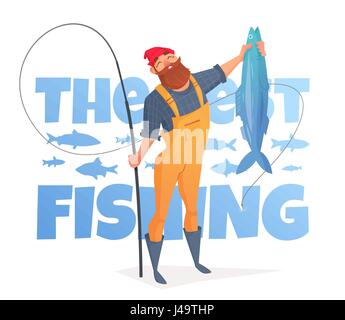 A man with a beard in a yellow overalls caught a big fish. Vector illustration for the magazine fishing. Fisherman on the background of the text. Stock Vector