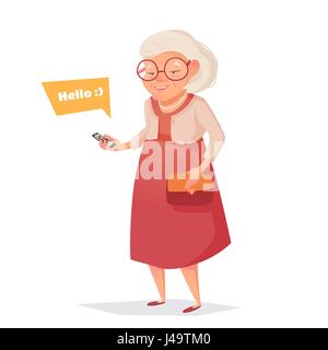 Old woman with glasses with phone. Woman in cartoon style. Bubble for text. Vector illustration. Stock Vector