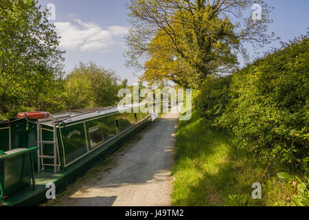 A narrowboat moored up on a Summer evening on the Llangollen canal an idyllic getaway and alternative lifestyle Stock Photo