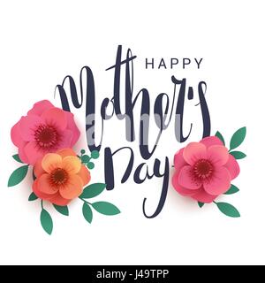 Happy Mother's Day lettering on a white background in a cradle. Bright illustration with red flowers and shadow. Paper flowers for the holiday. Stock Vector