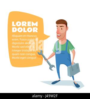 Young man in overalls cartoon style. A repairman, a plumber, a mechanic with a wrench and a tool box. Vector illustration on white background. Stock Vector