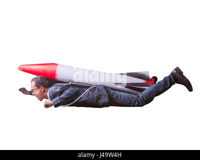 asian business man flying with rocket power isolated white background for speed and competition in leader ship concept Stock Photo