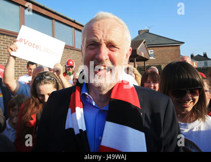 Labour leader Jeremy Corbyn wears a Rotherham United scarf after making a speech on the general election campaign trail in Rotherham. Stock Photo