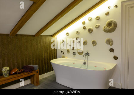 Bathtub with flower petals in luxury villa. Stock Photo