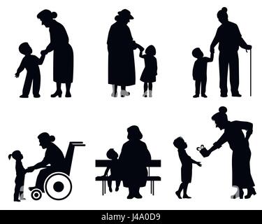 Vector illustration of a grandmothers and grandson silhouettes Stock Vector