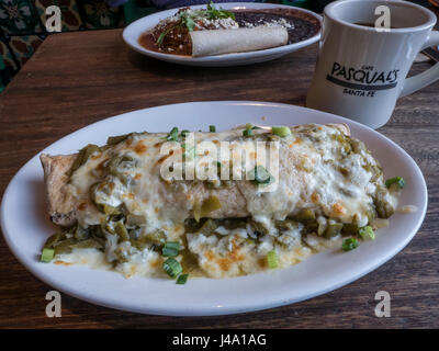 Chorizo breakfast burrito with green chili, Cafe Pasqual's, downtown Santa Fe, New Mexico. Stock Photo